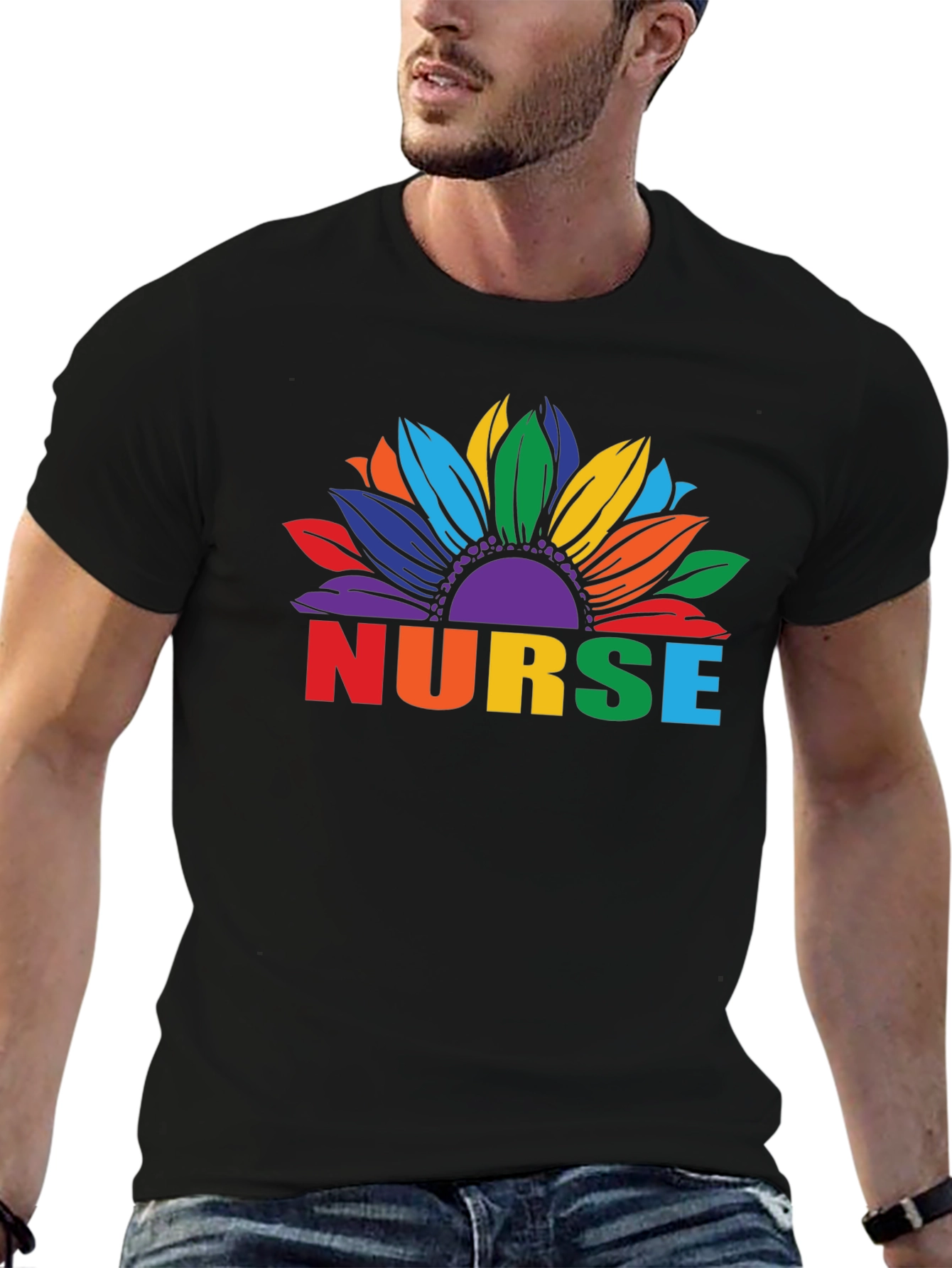 Rainbow Nurse Sunflower Black T-Shirt