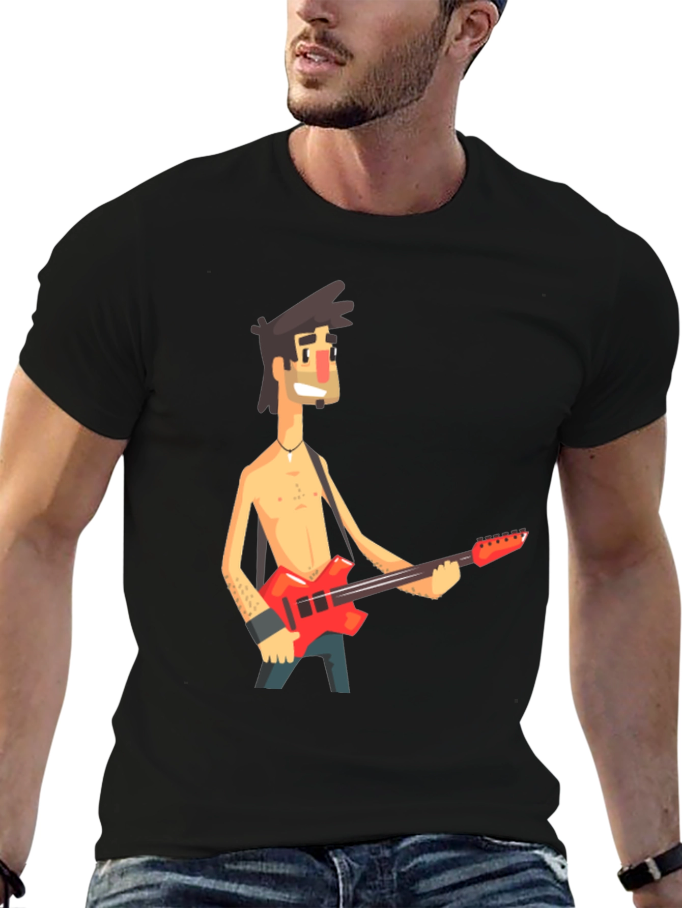 Cartoon Guitar Player Black T-Shirt