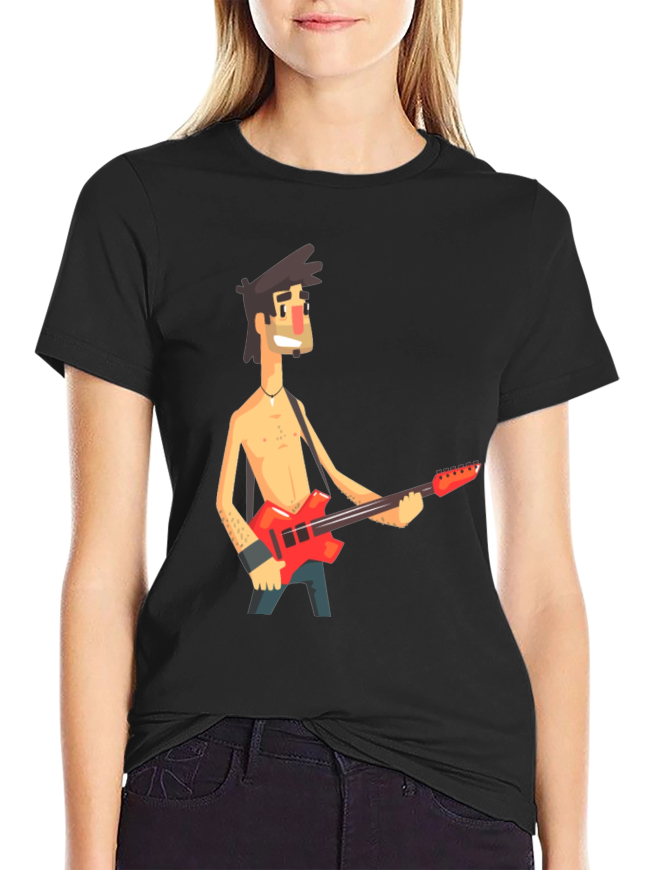 Cartoon Guitar Player Black T-Shirt