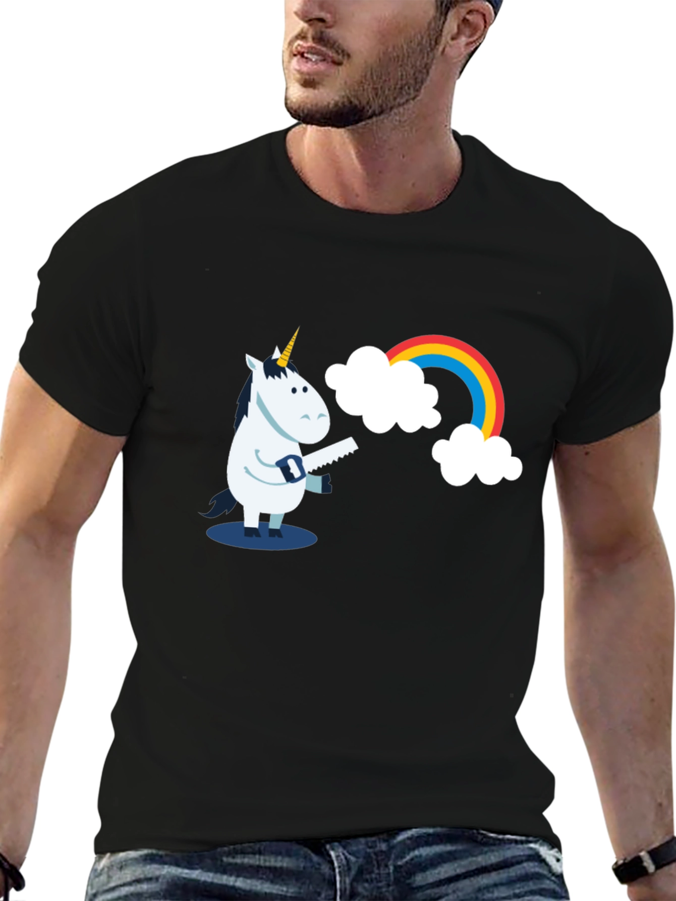 Funny Unicorn Sawing Rainbow Graphic Tee