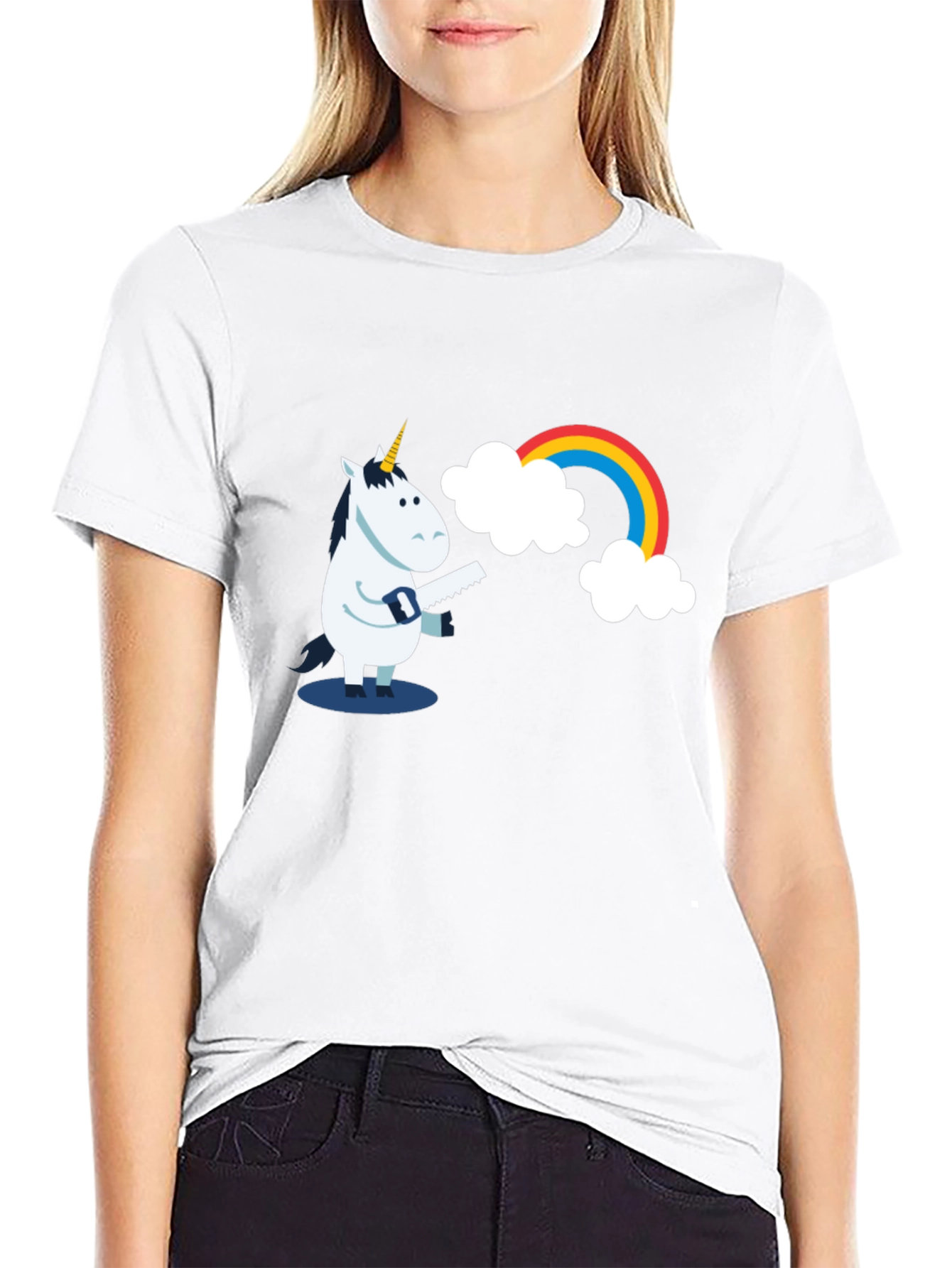 Funny Unicorn Sawing Rainbow Graphic Tee