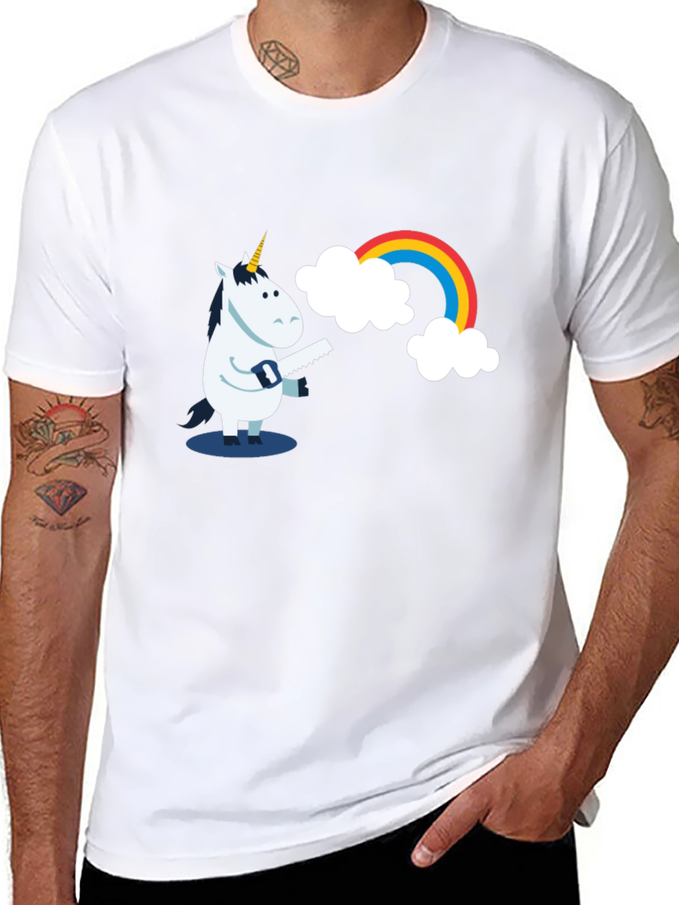 Funny Unicorn Sawing Rainbow Graphic Tee