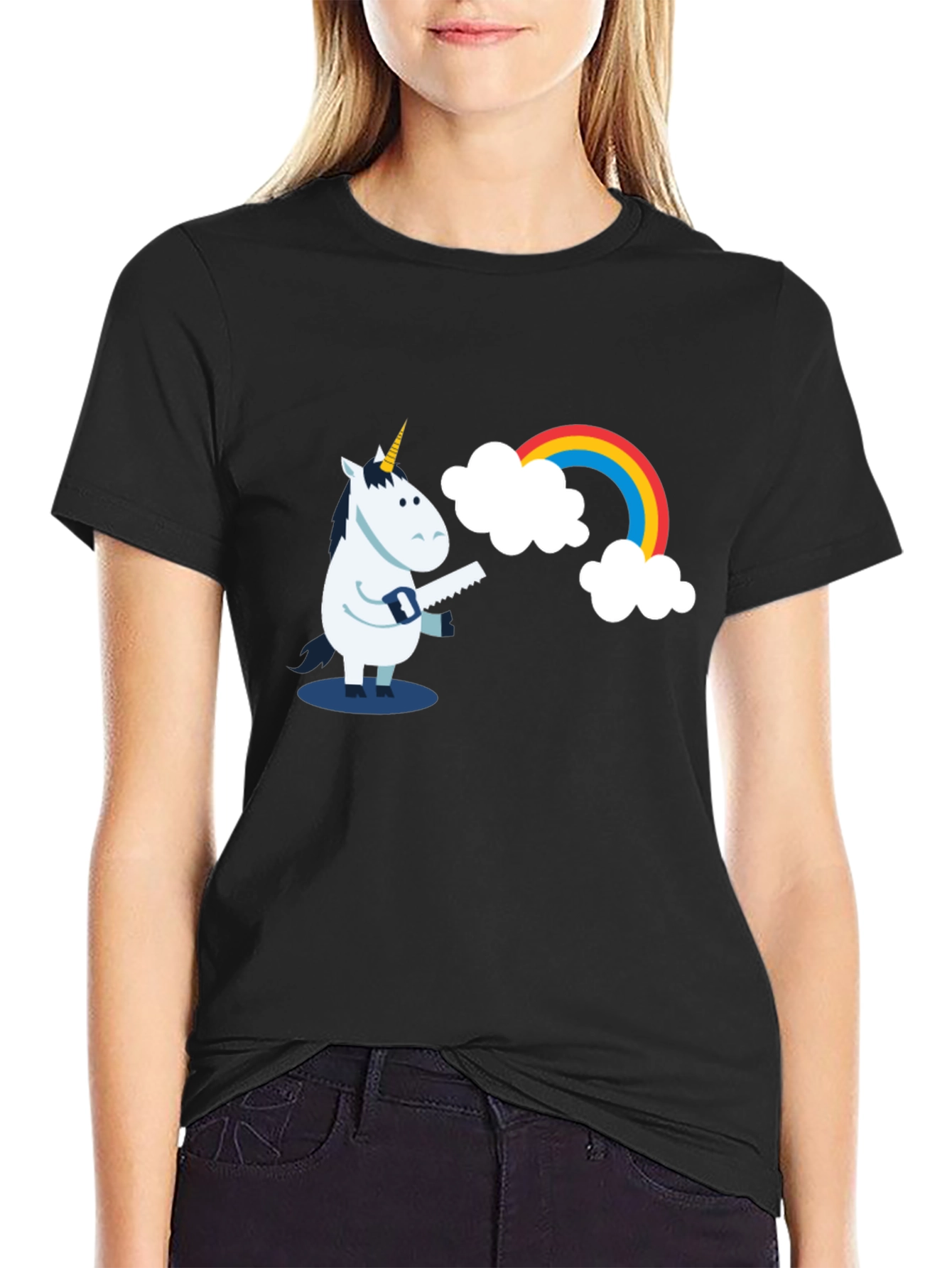 Funny Unicorn Sawing Rainbow Graphic Tee