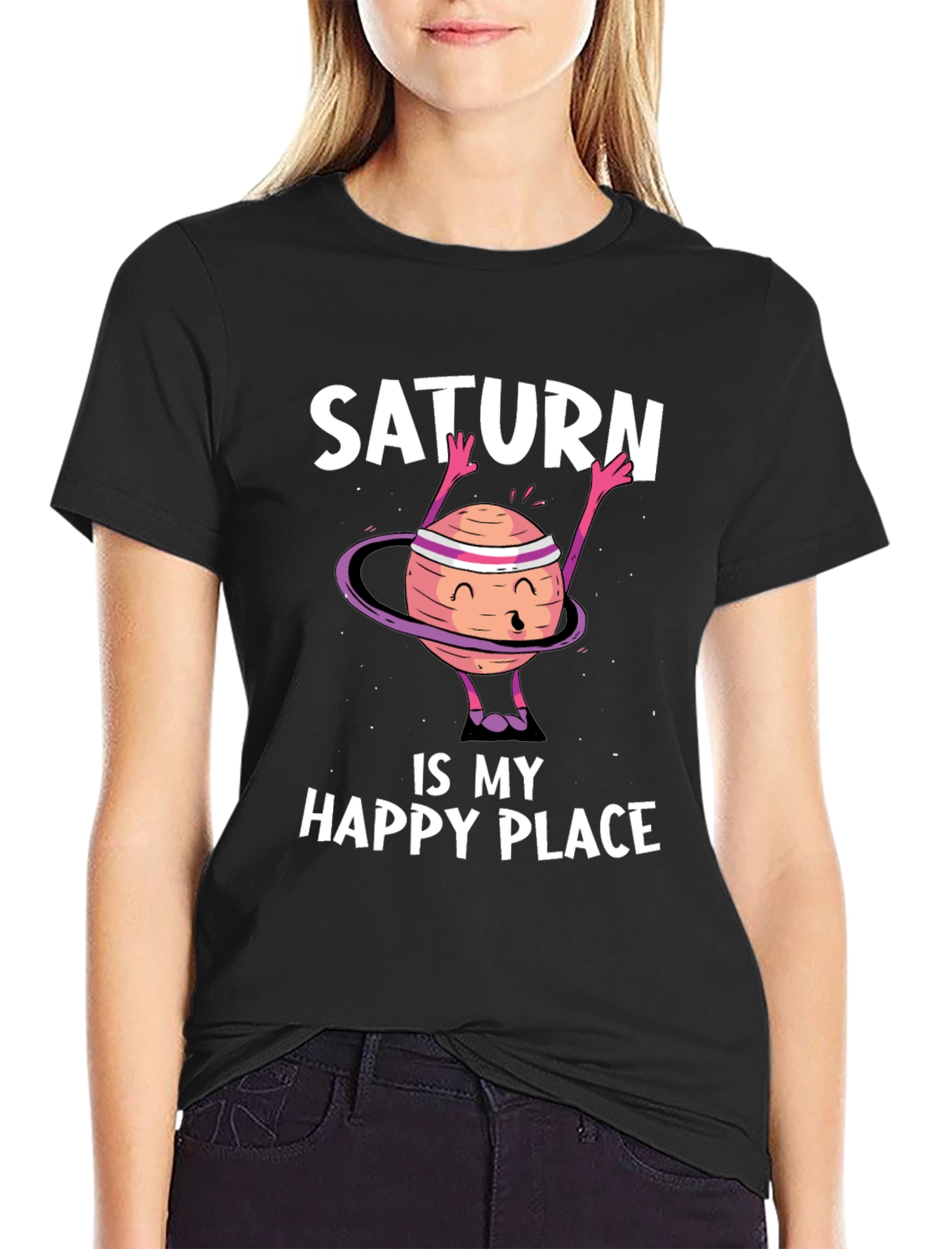 Saturn is My Happy Place Black T-Shirt