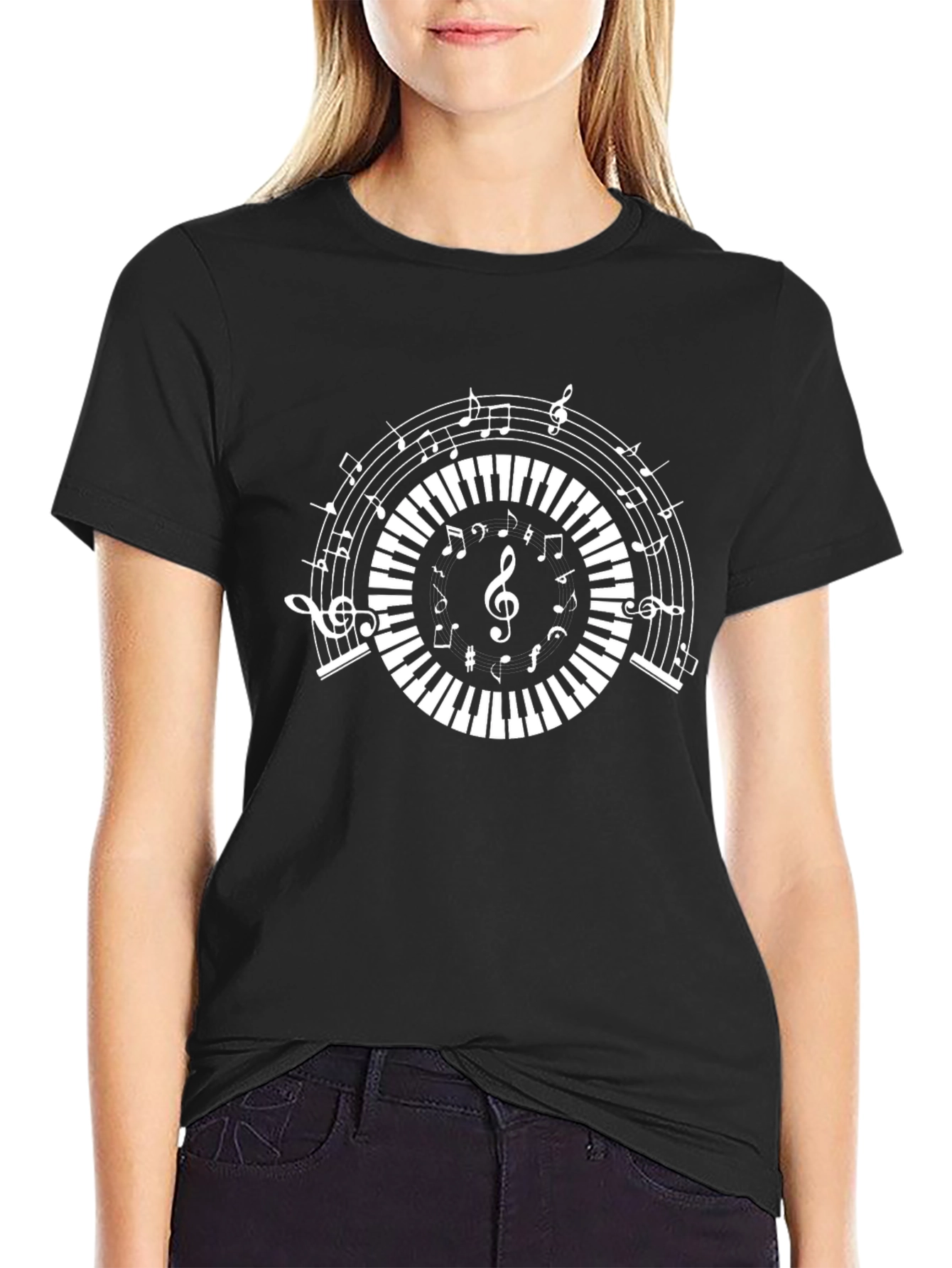 Music Notes Piano Keys Graphic Black T-Shirt