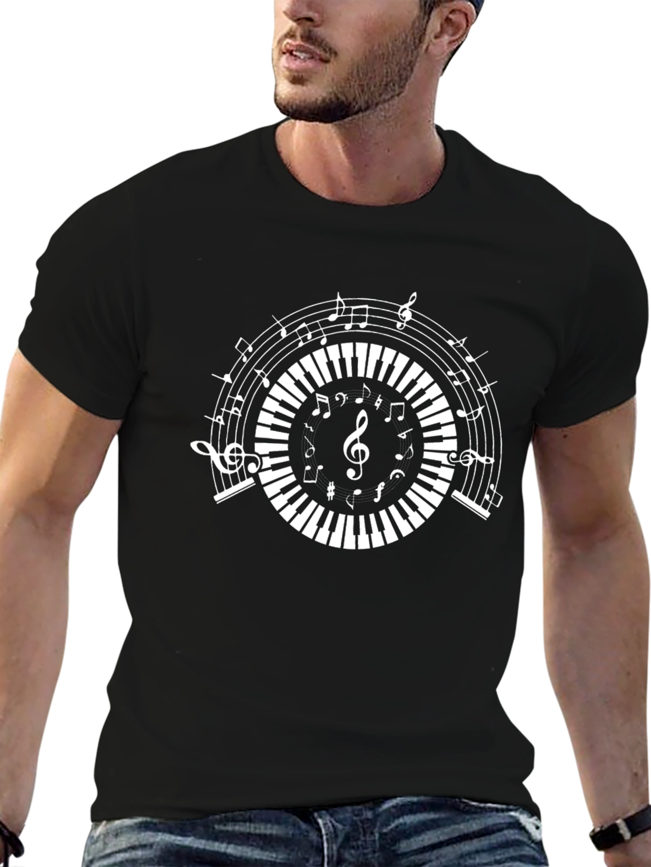 Music Notes Piano Keys Graphic Black T-Shirt