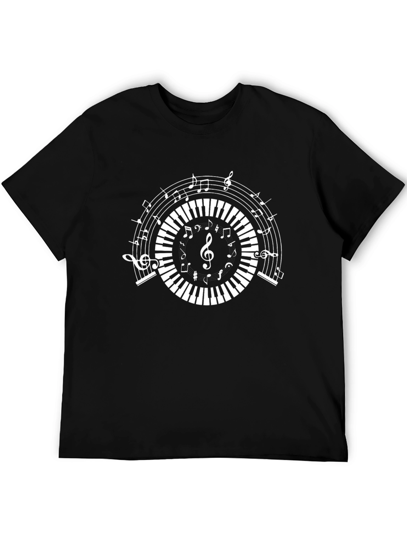 Music Notes Piano Keys Graphic Black T-Shirt