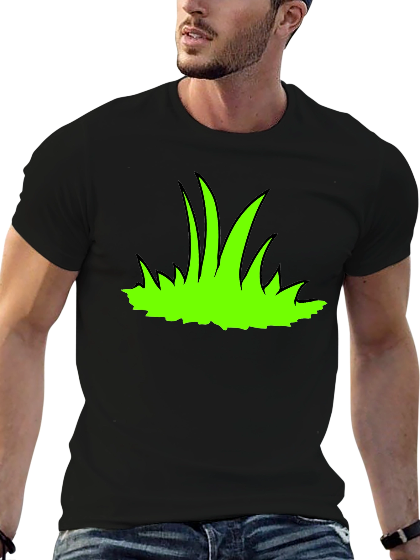 Green Grass Graphic Print Black T-Shirt