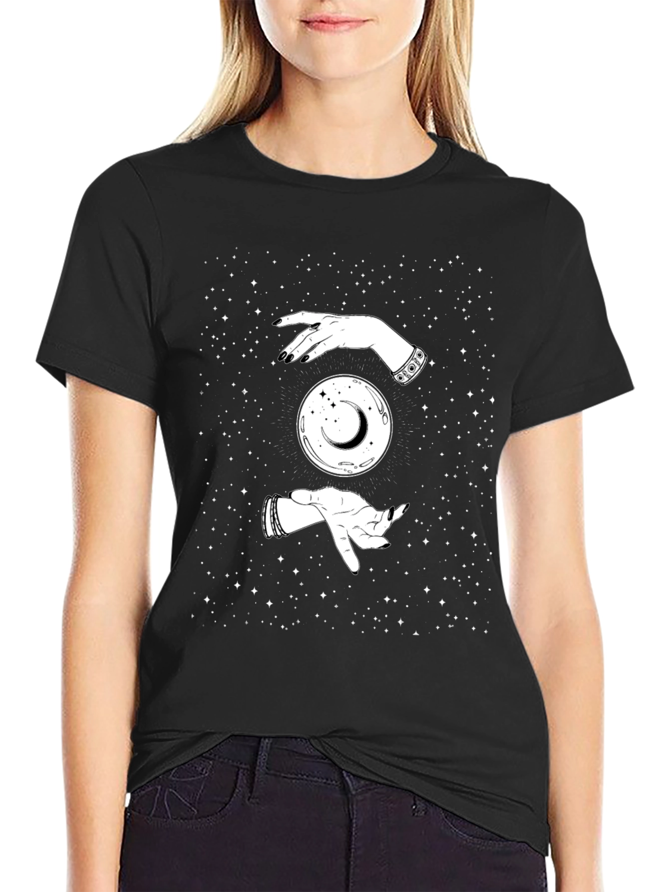 Mystic Moon Hands Graphic Tee - Black