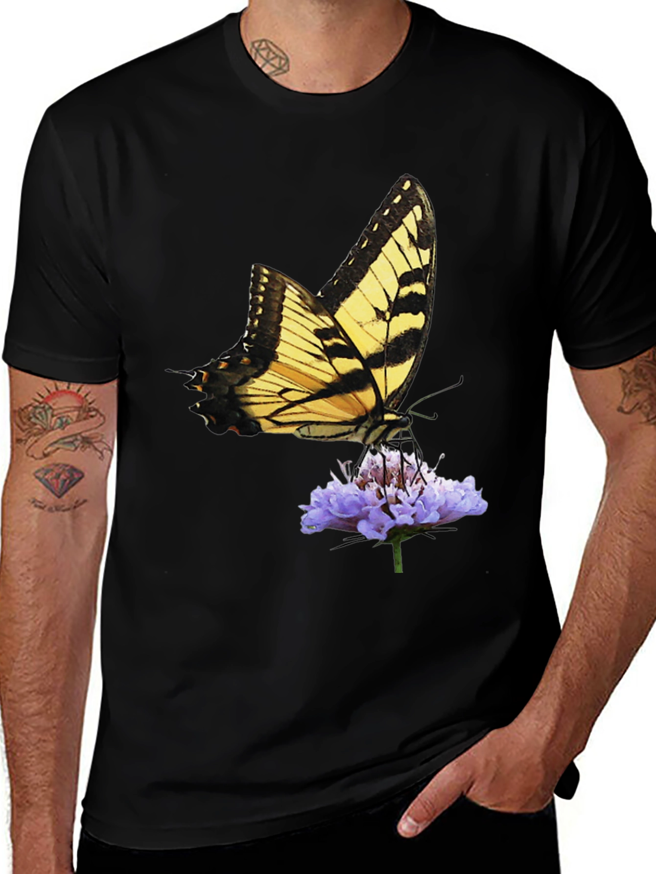 Butterfly & Flower Graphic Black T-Shirt