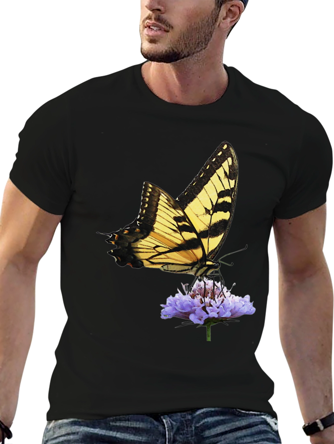 Butterfly & Flower Graphic Black T-Shirt
