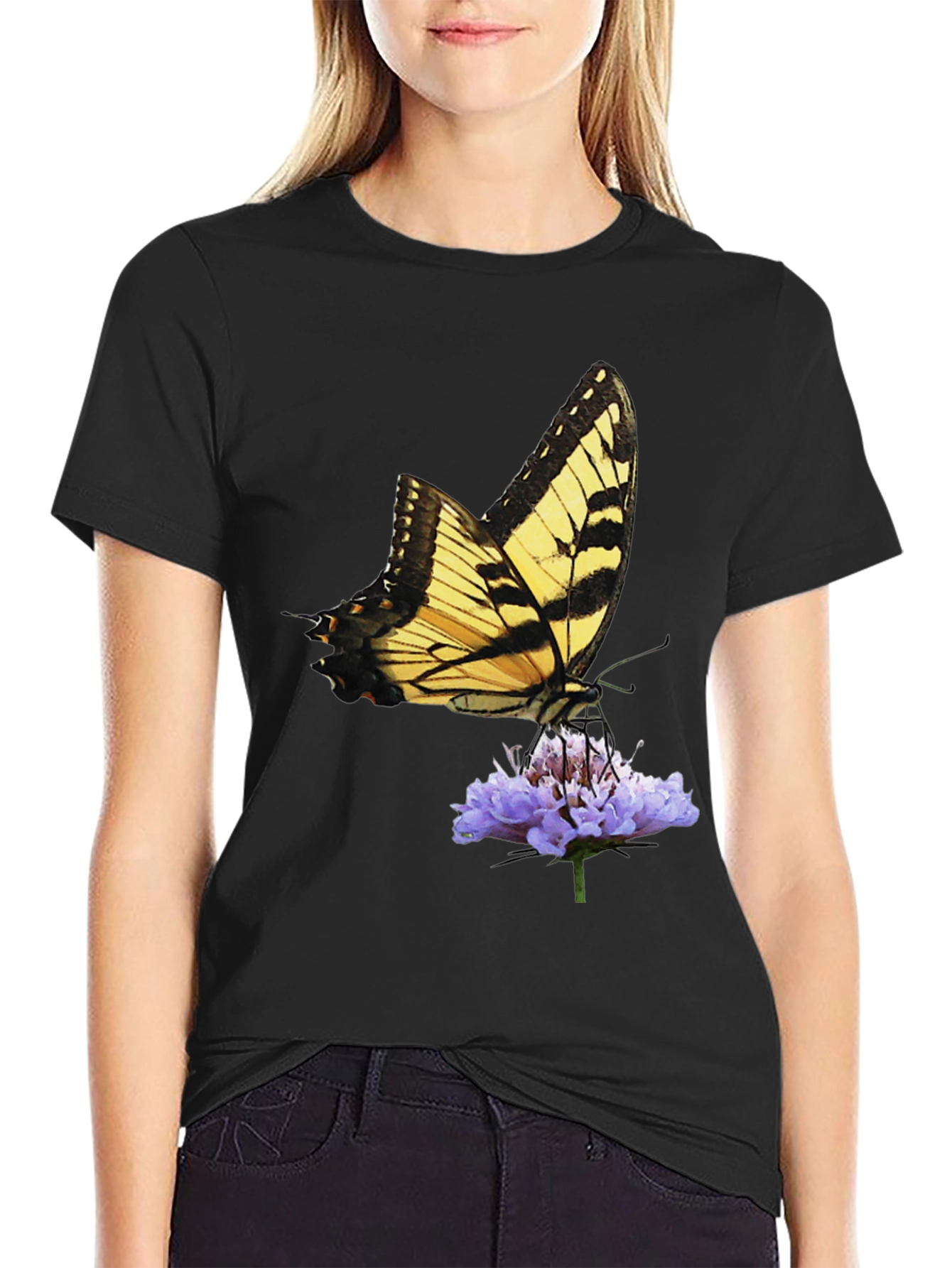 Butterfly & Flower Graphic Black T-Shirt