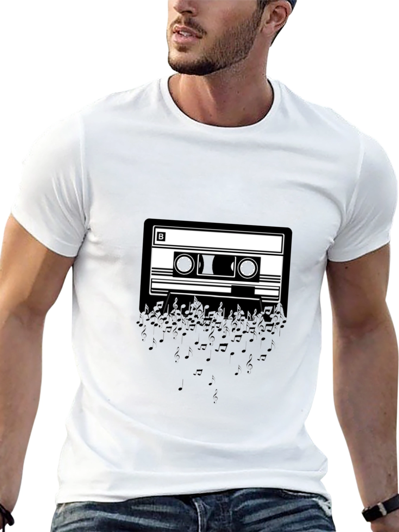 Cassette Tape Music Notes Graphic Tee - Black