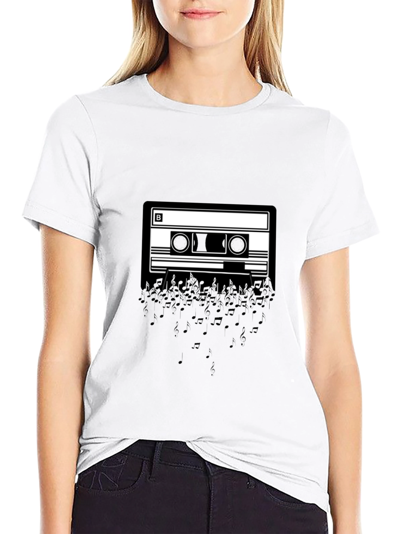 Cassette Tape Music Notes Graphic Tee - Black