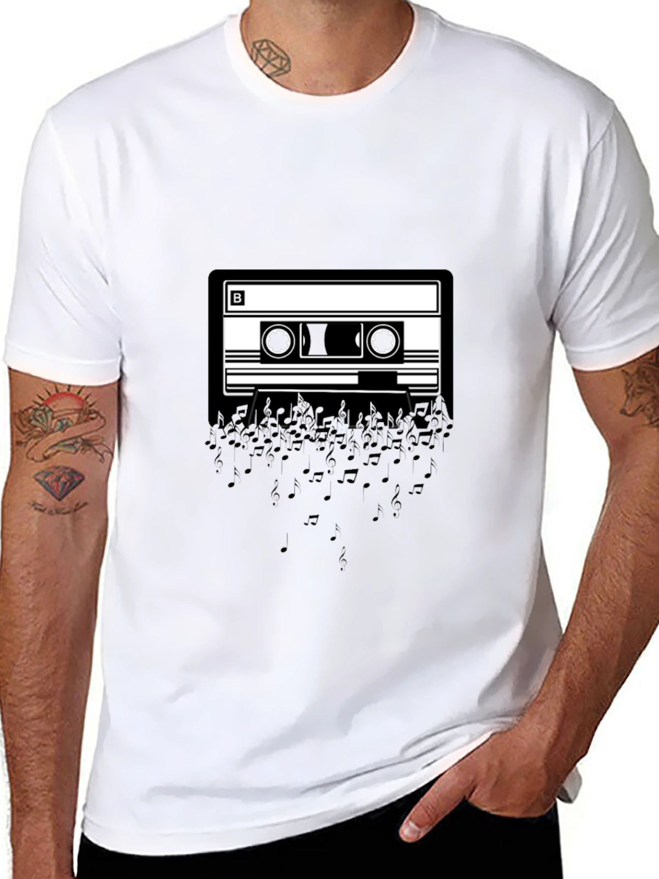 Cassette Tape Music Notes Graphic Tee - Black