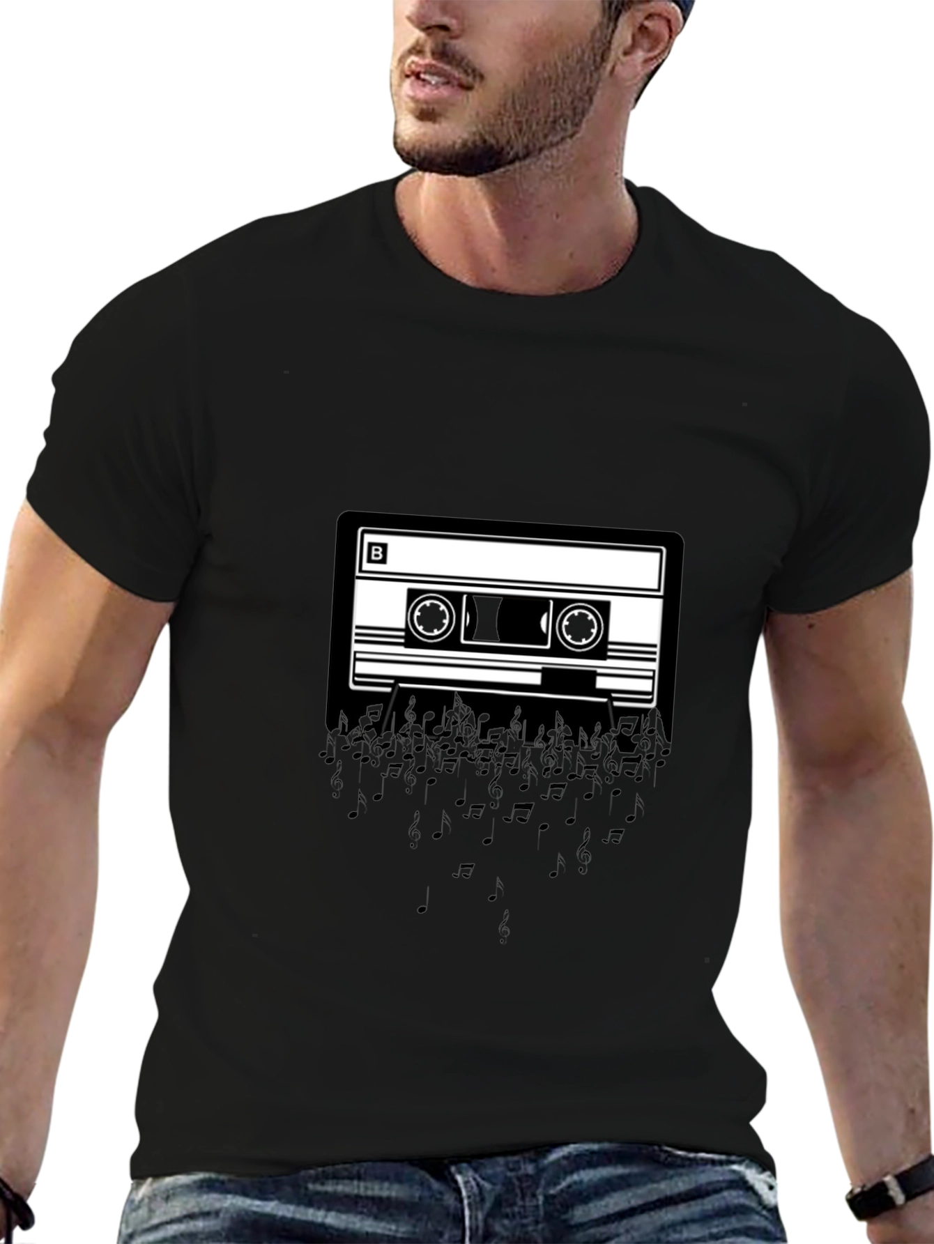 Cassette Tape Music Notes Graphic Tee - Black
