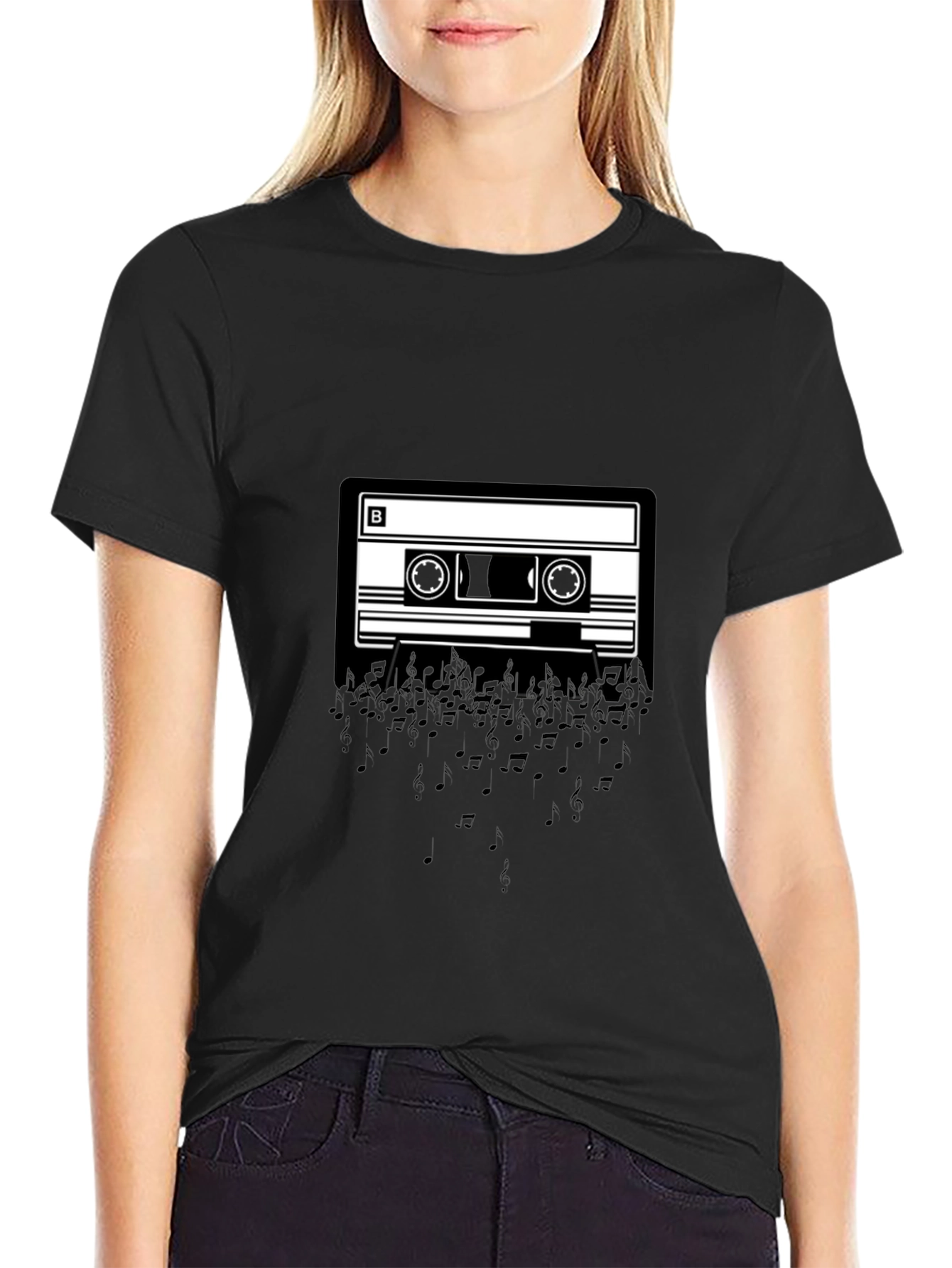 Cassette Tape Music Notes Graphic Tee - Black