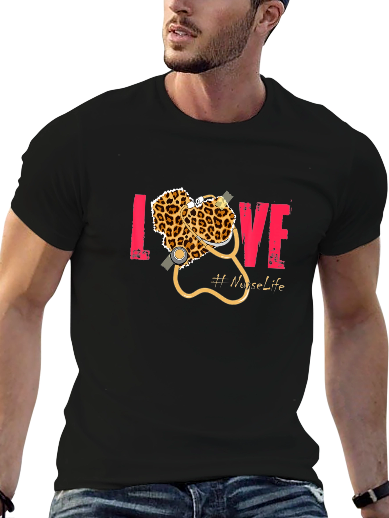Nurse Life Love Leopard Stethoscope Graphic T-Shirt