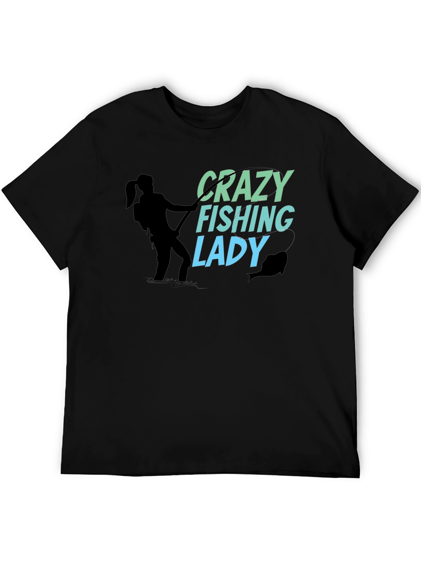 Crazy Fishing Lady Black T-Shirt