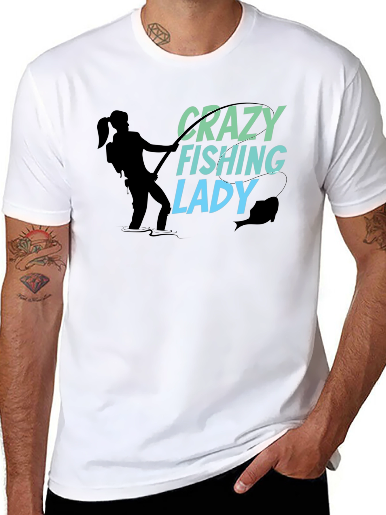 Crazy Fishing Lady Black T-Shirt