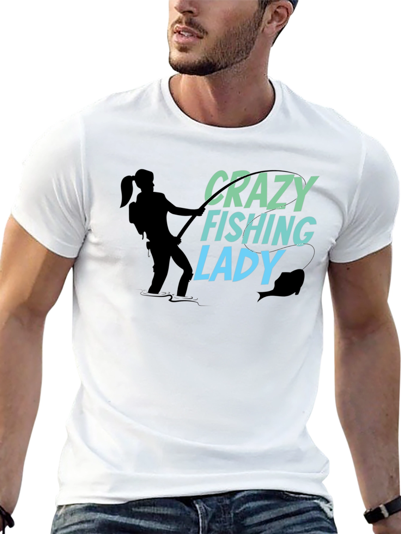 Crazy Fishing Lady Black T-Shirt