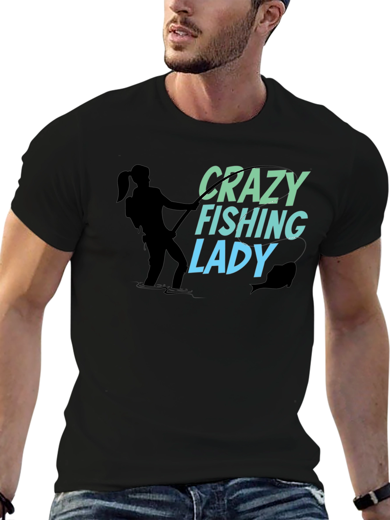 Crazy Fishing Lady Black T-Shirt