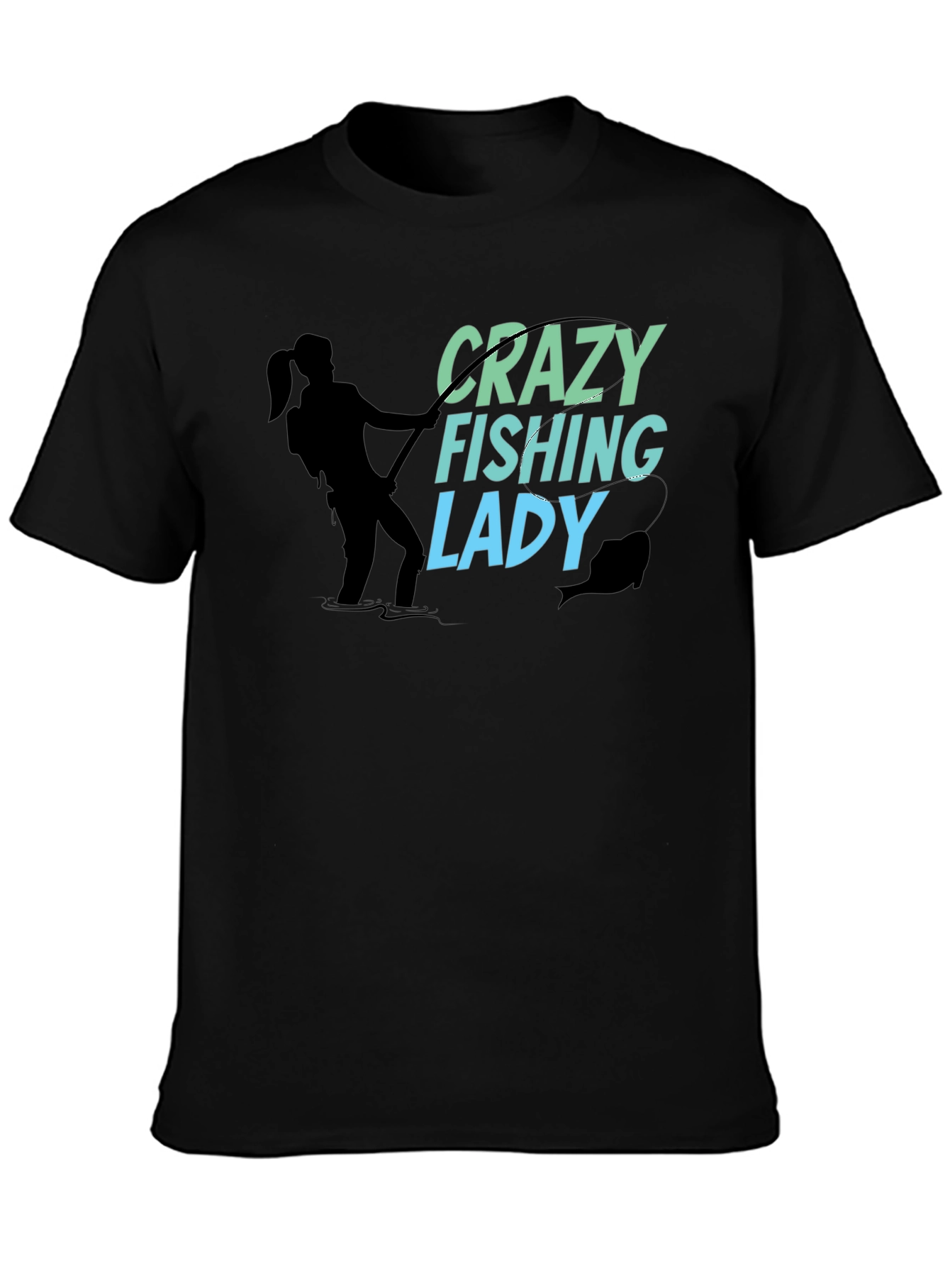 Crazy Fishing Lady Black T-Shirt