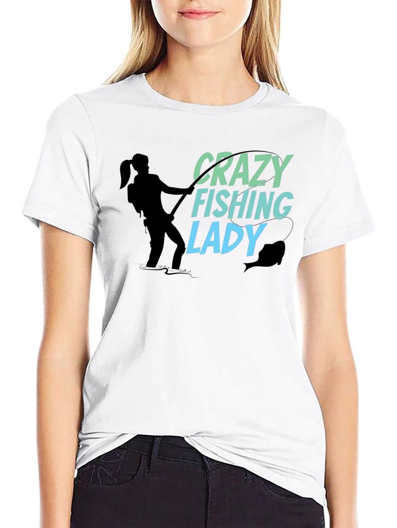Crazy Fishing Lady Black T-Shirt