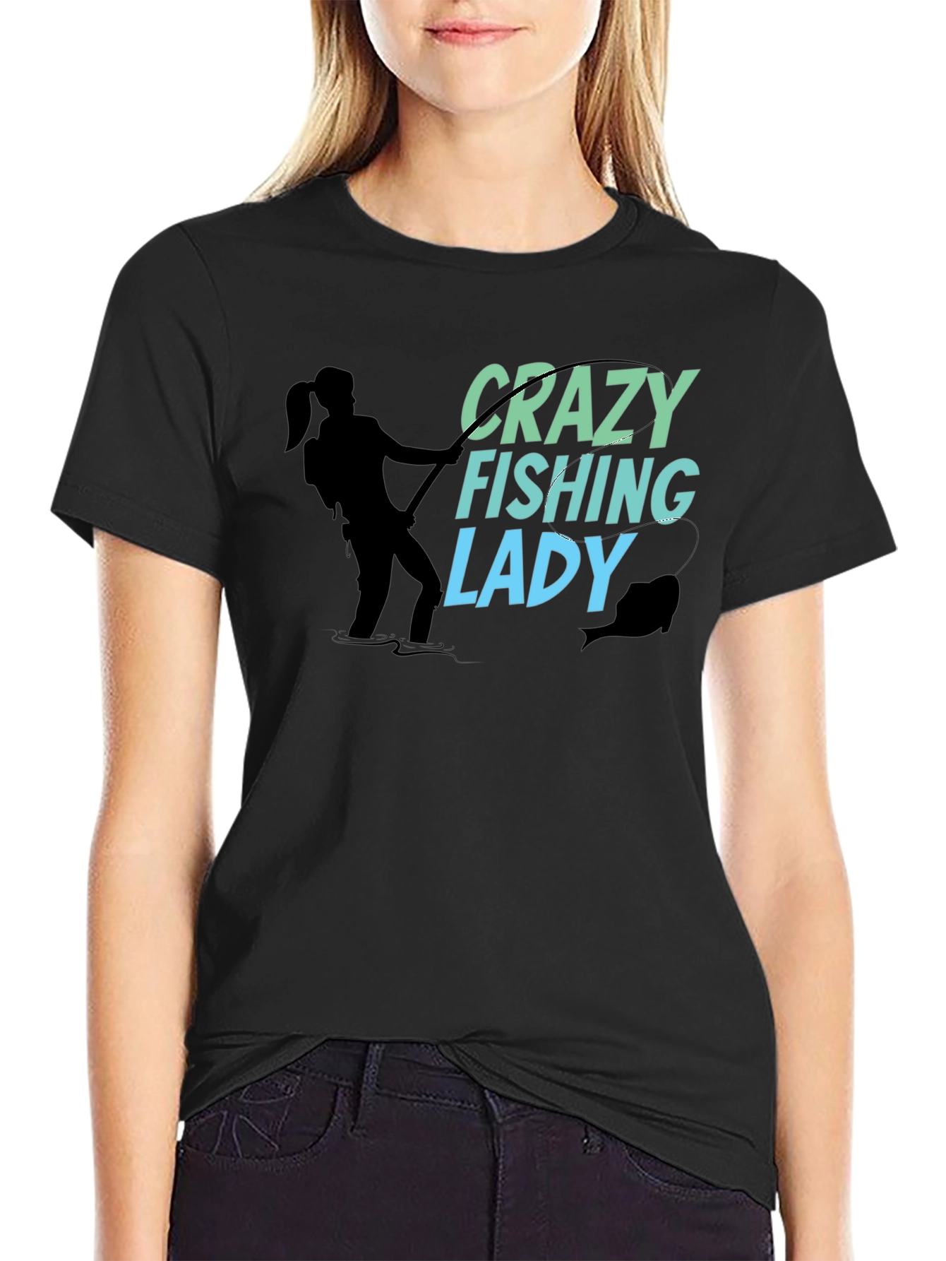 Crazy Fishing Lady Black T-Shirt