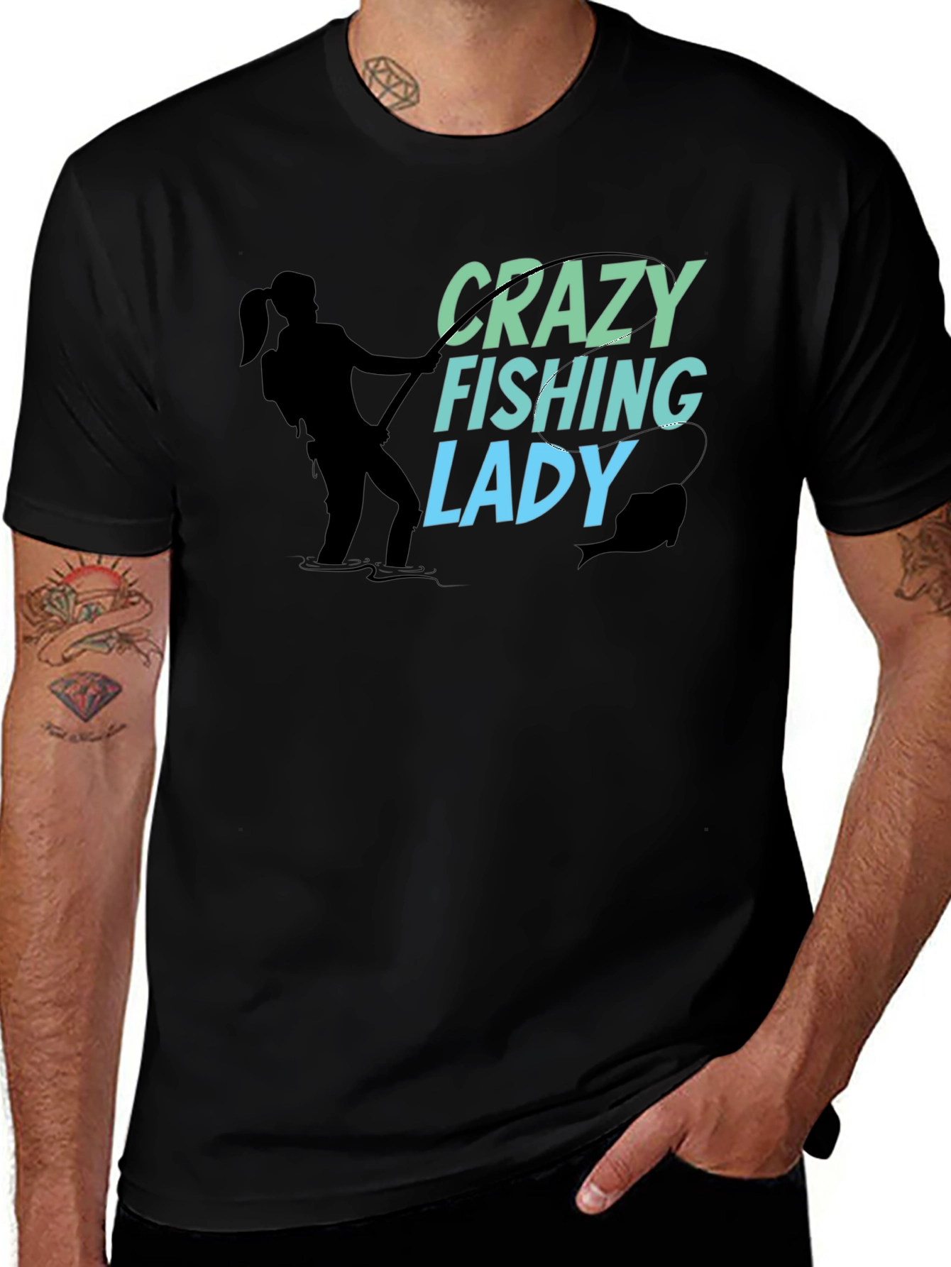 Crazy Fishing Lady Black T-Shirt