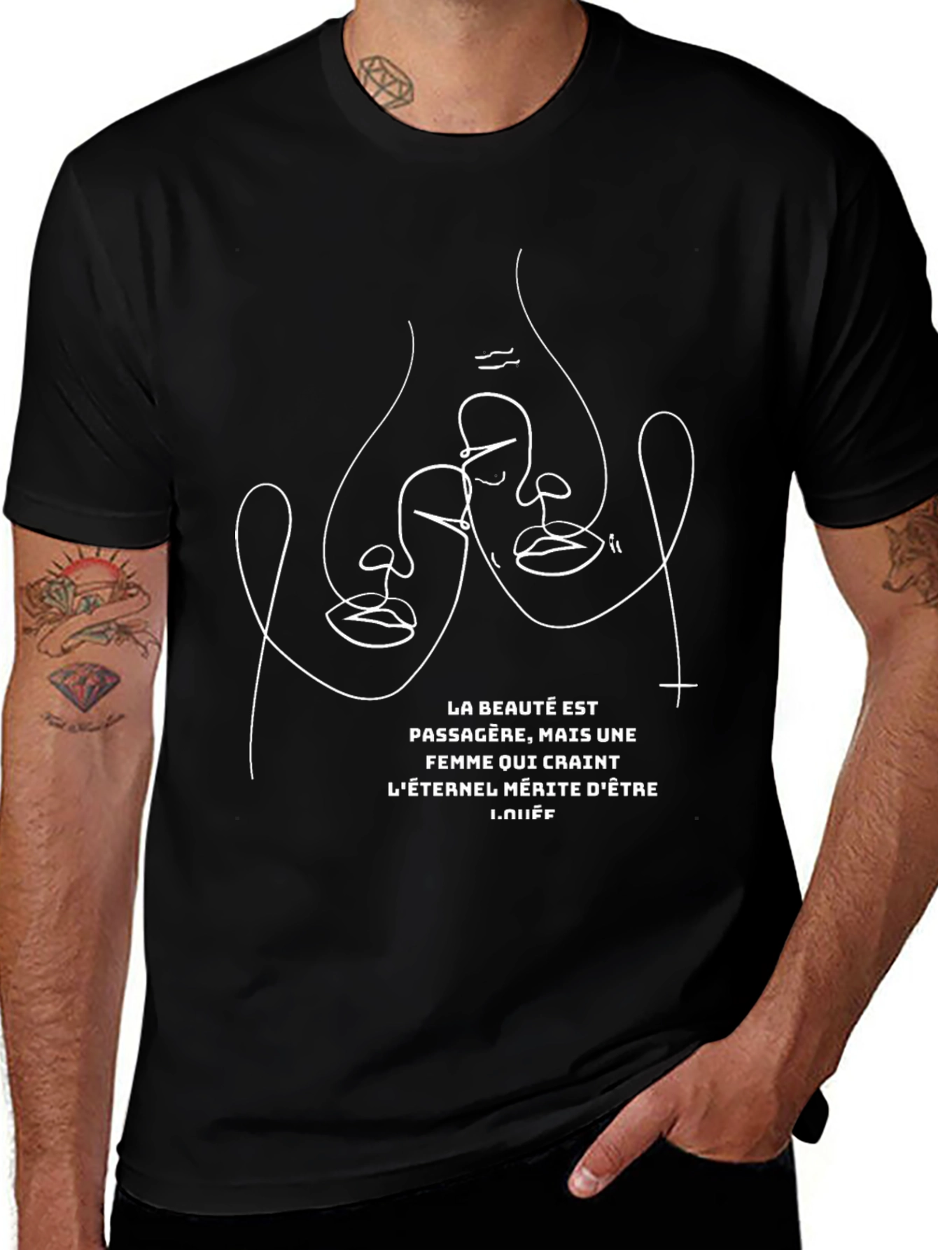 Abstract Face Line Art Graphic T-Shirt - Black