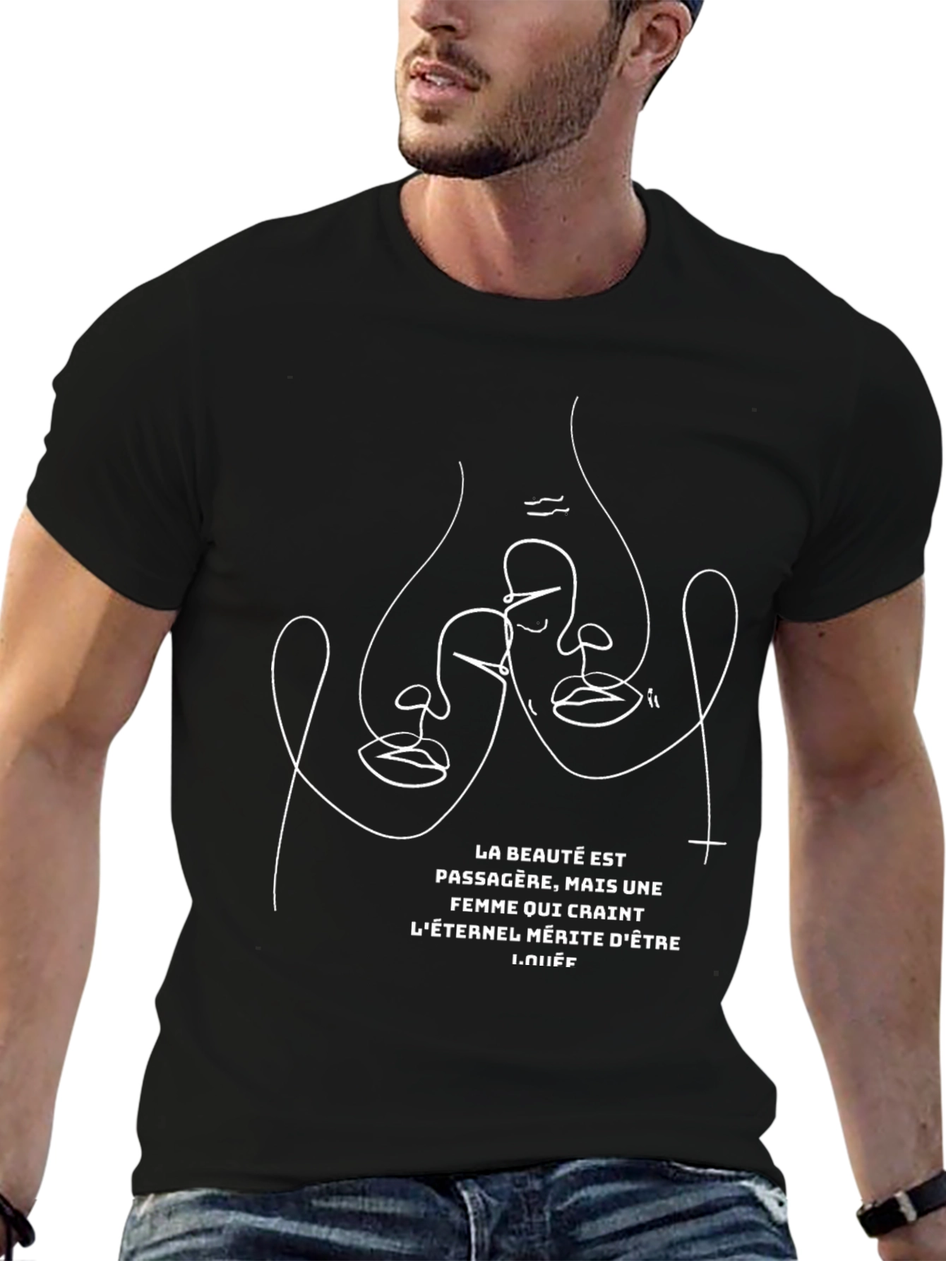 Abstract Face Line Art Graphic T-Shirt - Black