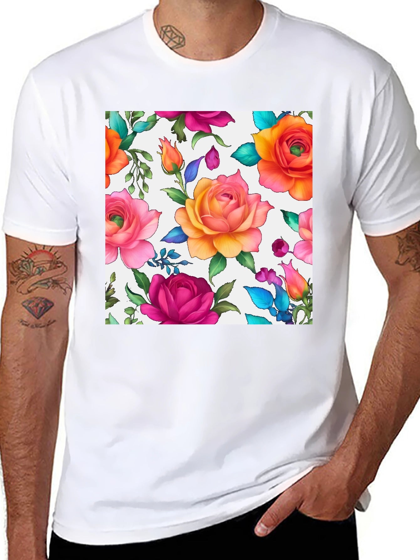 Floral Rose Print Black T-Shirt