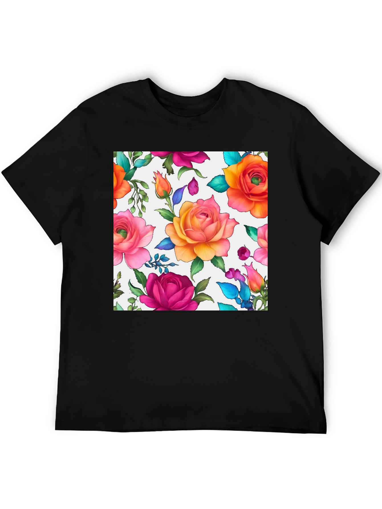Floral Rose Print Black T-Shirt