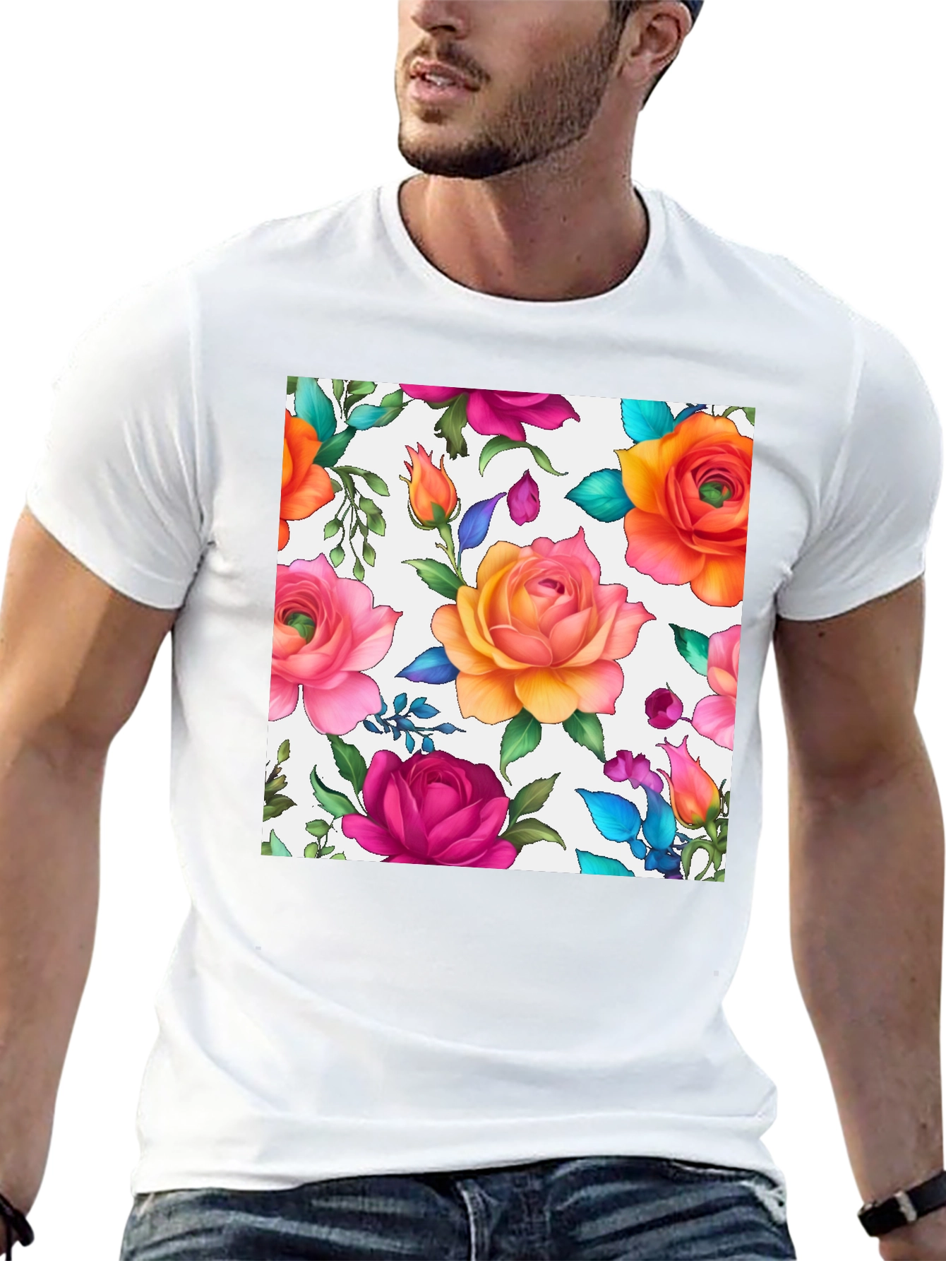 Floral Rose Print Black T-Shirt