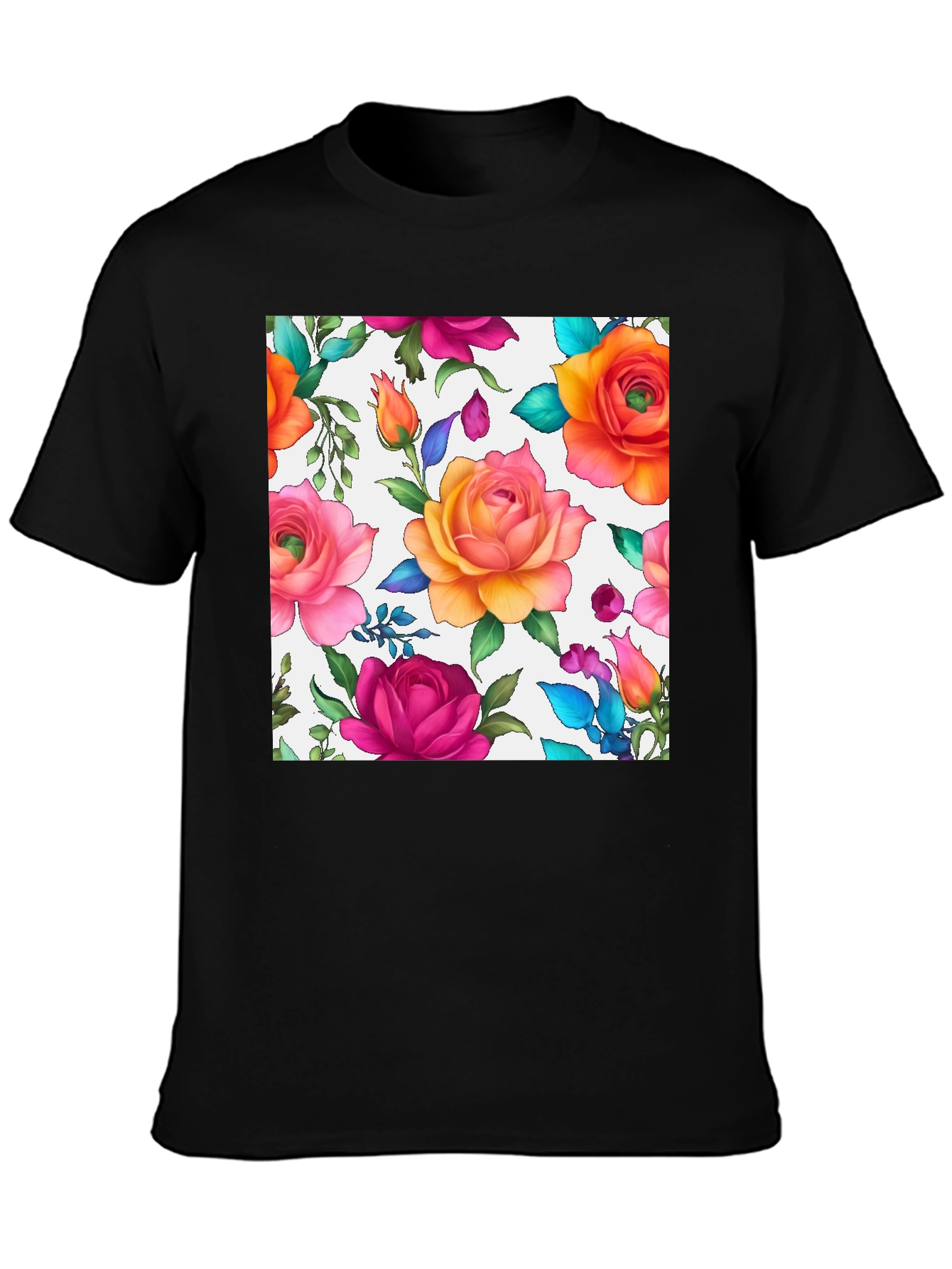Floral Rose Print Black T-Shirt