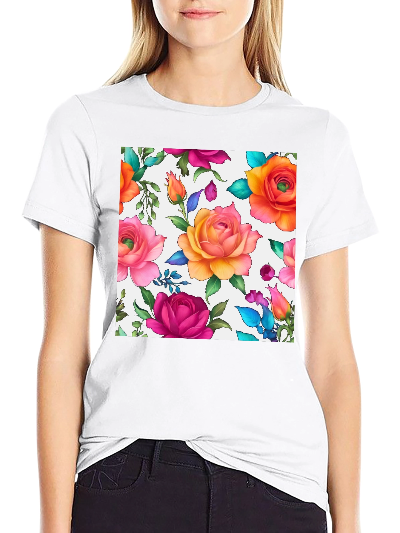 Floral Rose Print Black T-Shirt
