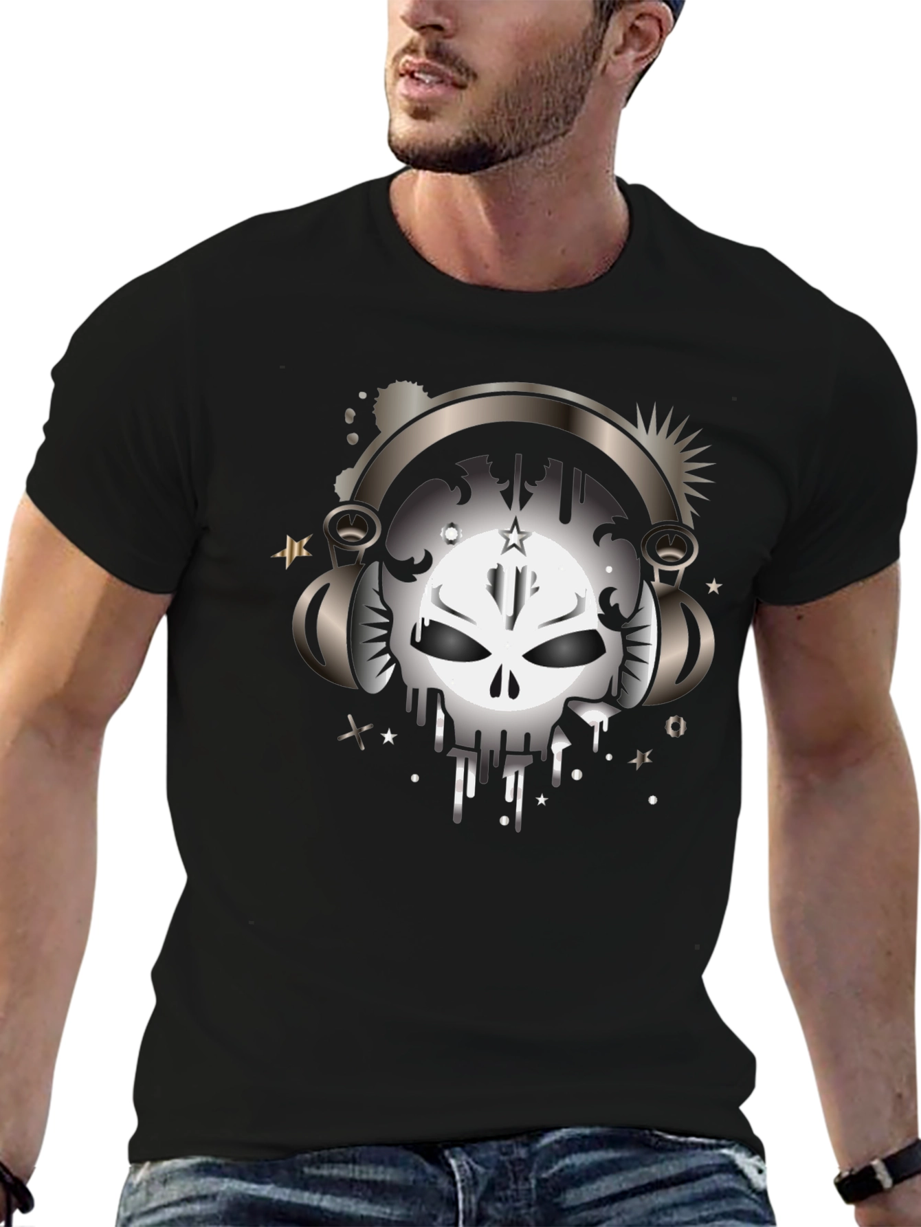 Skull Headphones Graphic Black T-Shirt