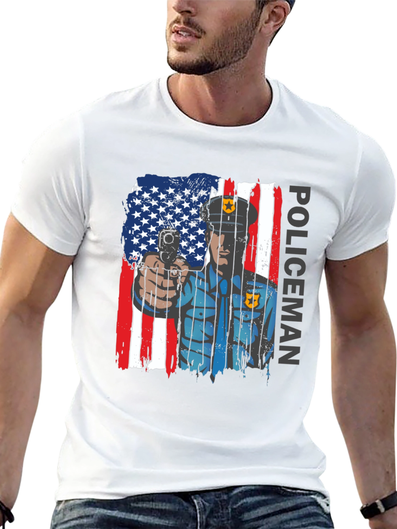 Patriotic Policeman T-Shirt - American Flag Design