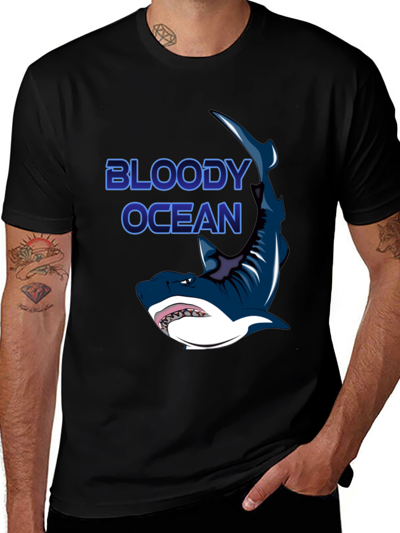 Bloody Ocean Shark Graphic Black T-Shirt