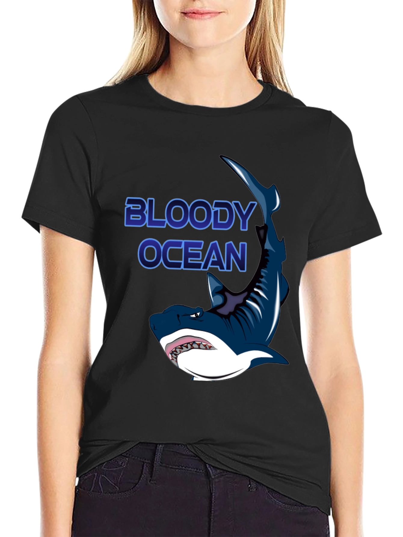 Bloody Ocean Shark Graphic Black T-Shirt