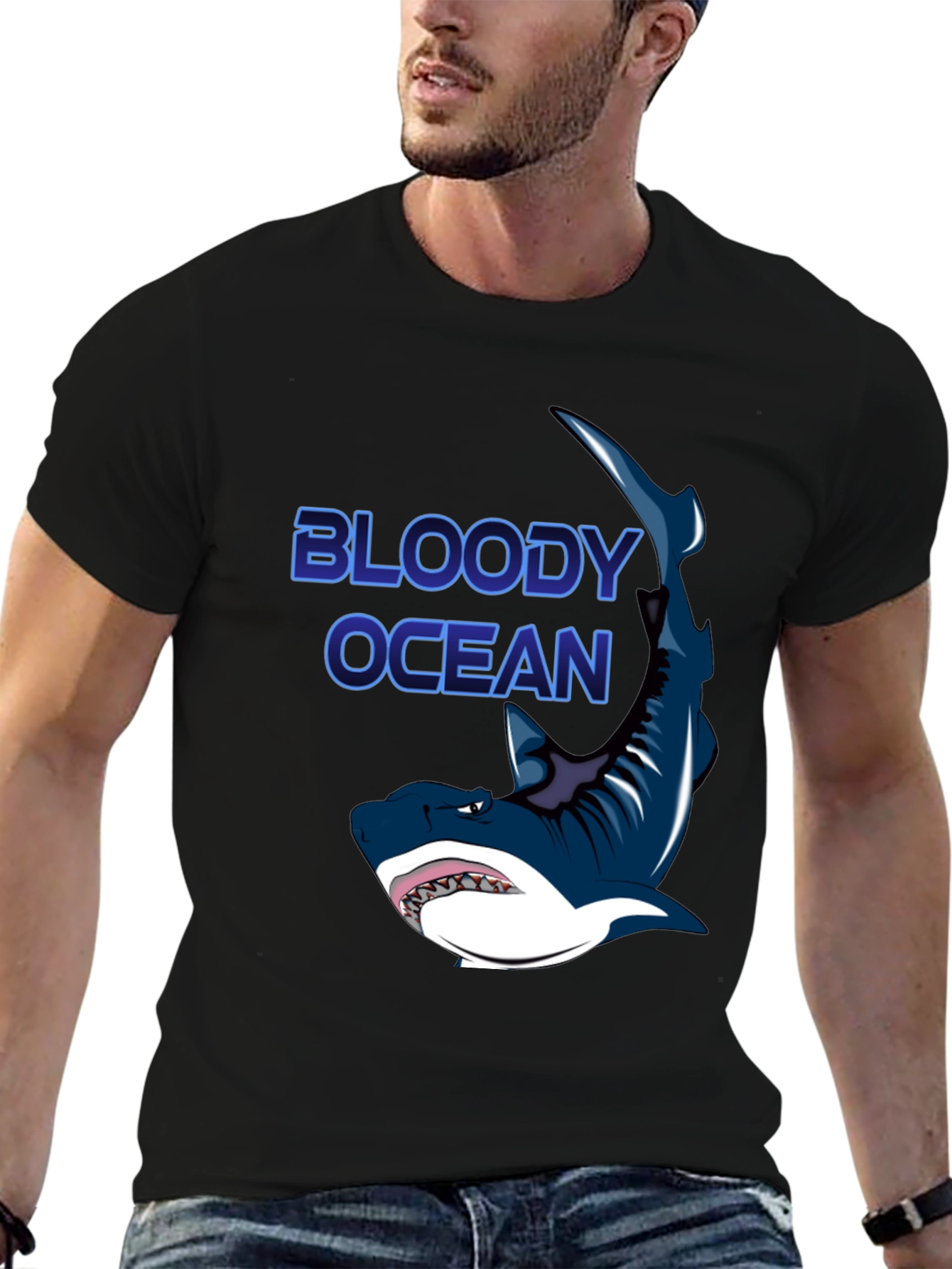 Bloody Ocean Shark Graphic Black T-Shirt