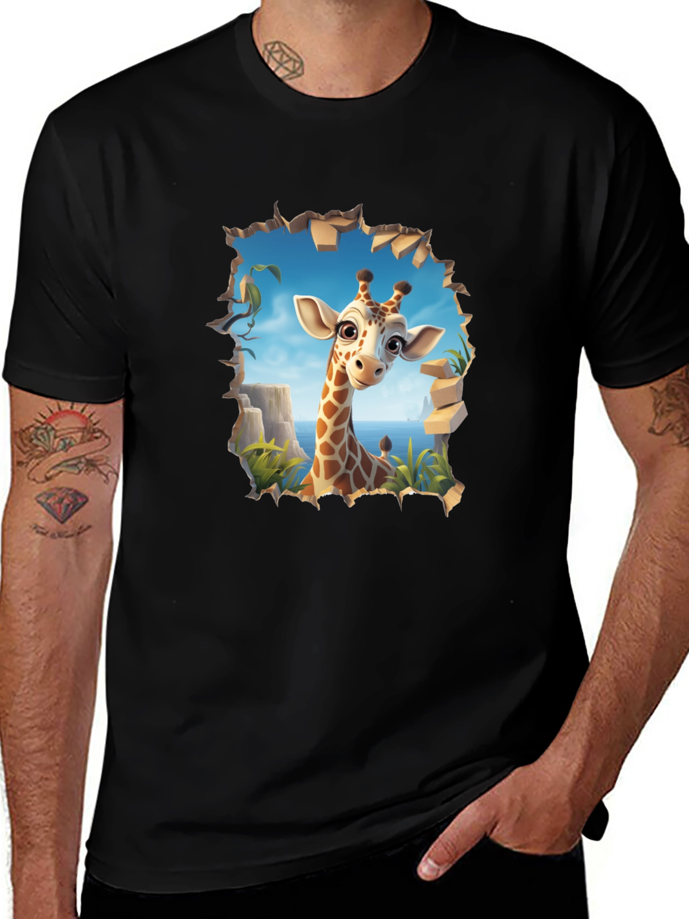 Giraffe Graphic Print Black T-Shirt