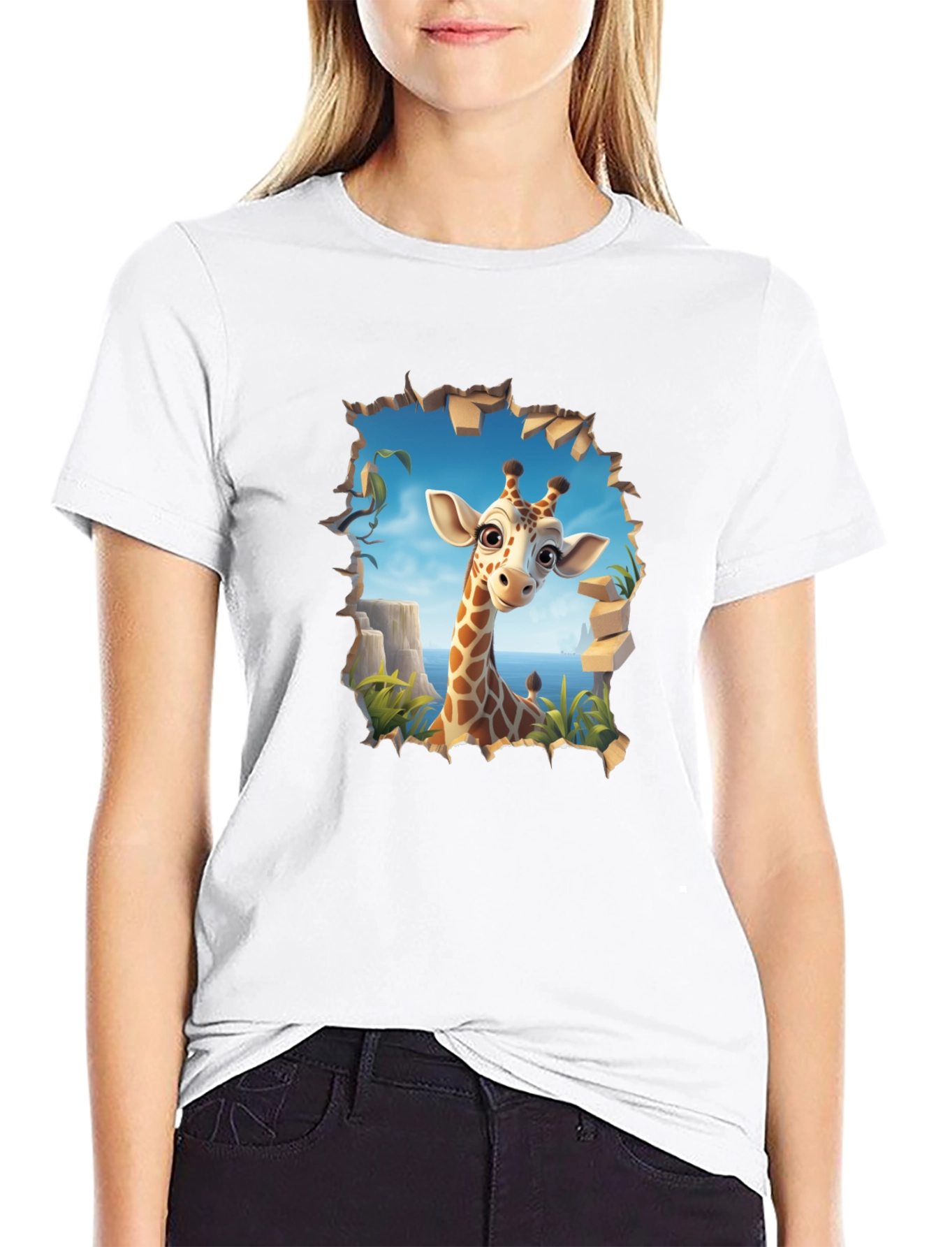 Giraffe Graphic Print Black T-Shirt
