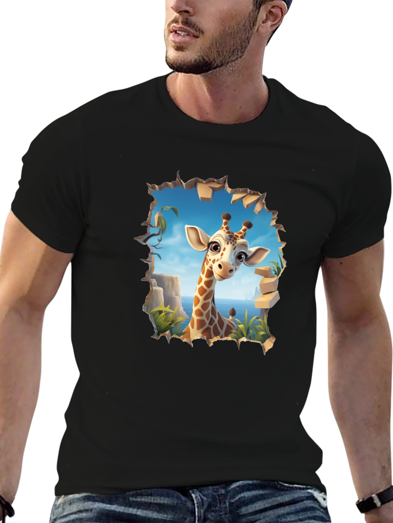 Giraffe Graphic Print Black T-Shirt