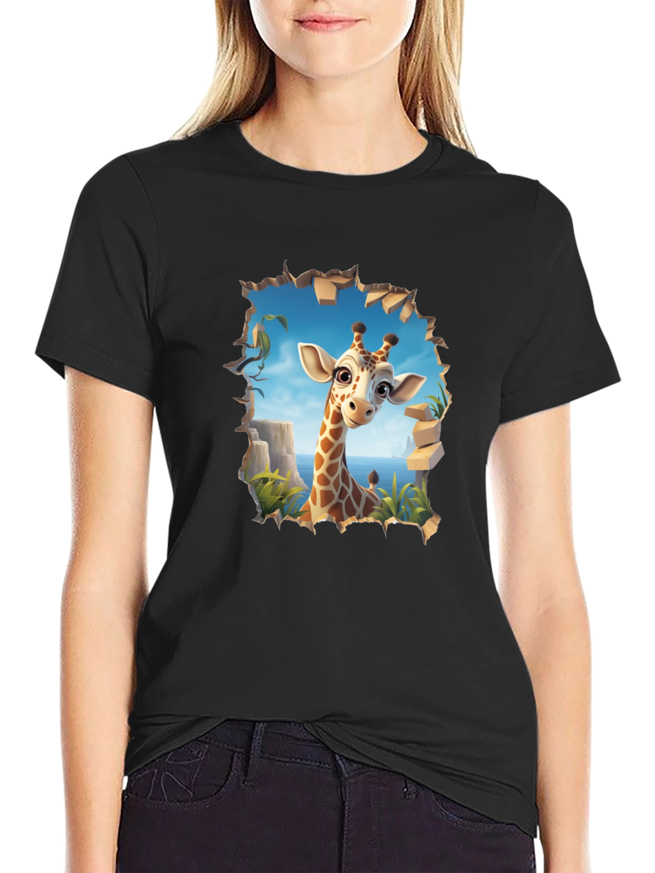 Giraffe Graphic Print Black T-Shirt