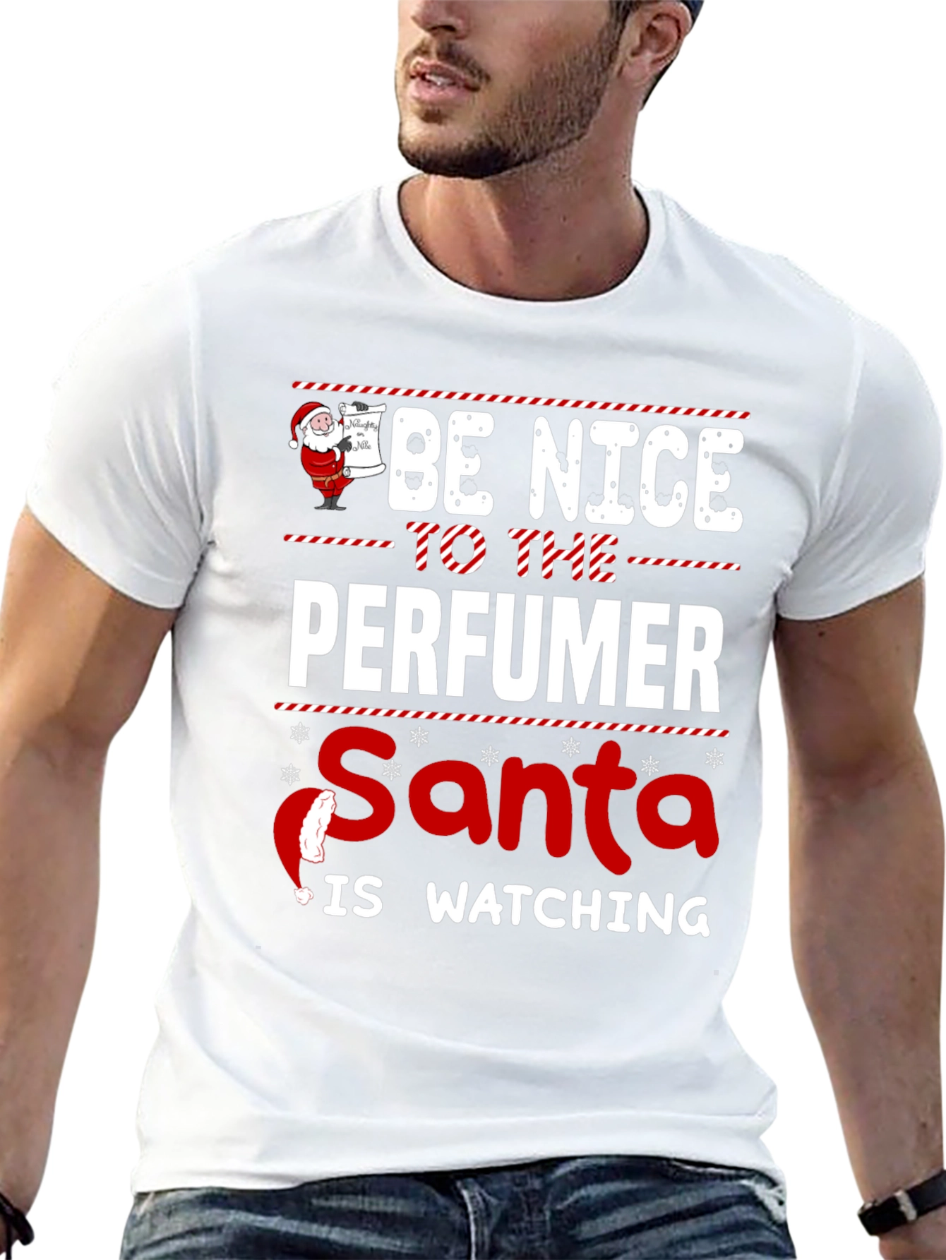 Be Nice to the Perfumer Santa Watching Black T-Shirt