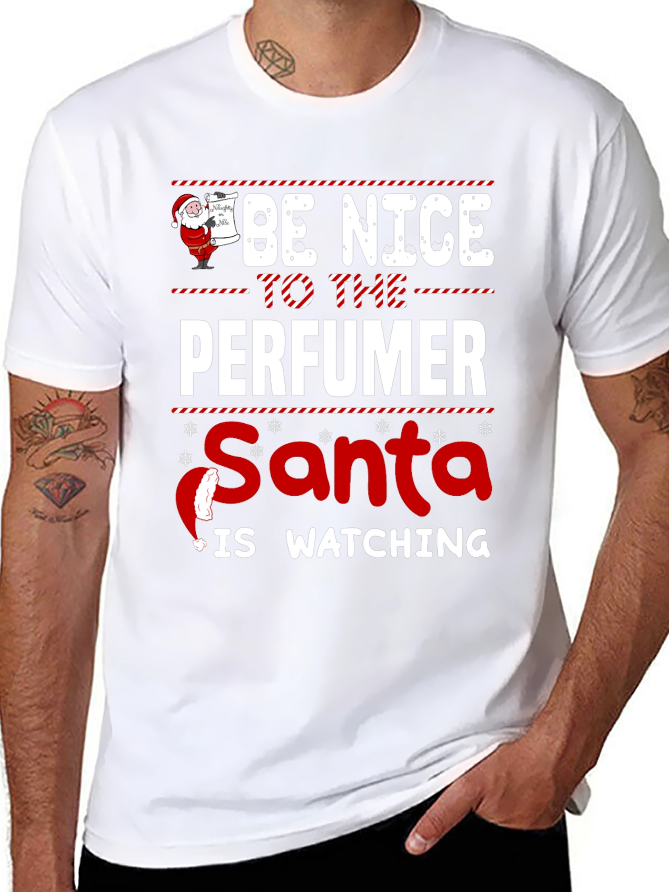 Be Nice to the Perfumer Santa Watching Black T-Shirt