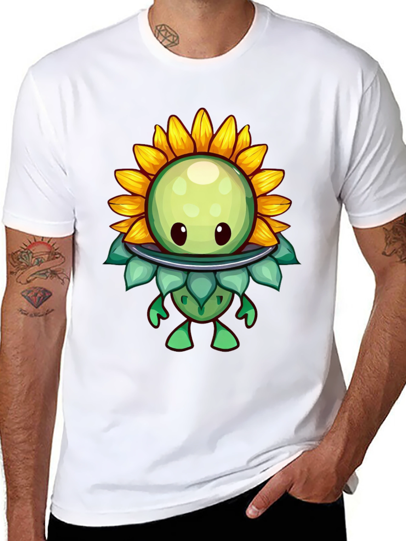 Sunflower Cartoon Graphic Tee - Black