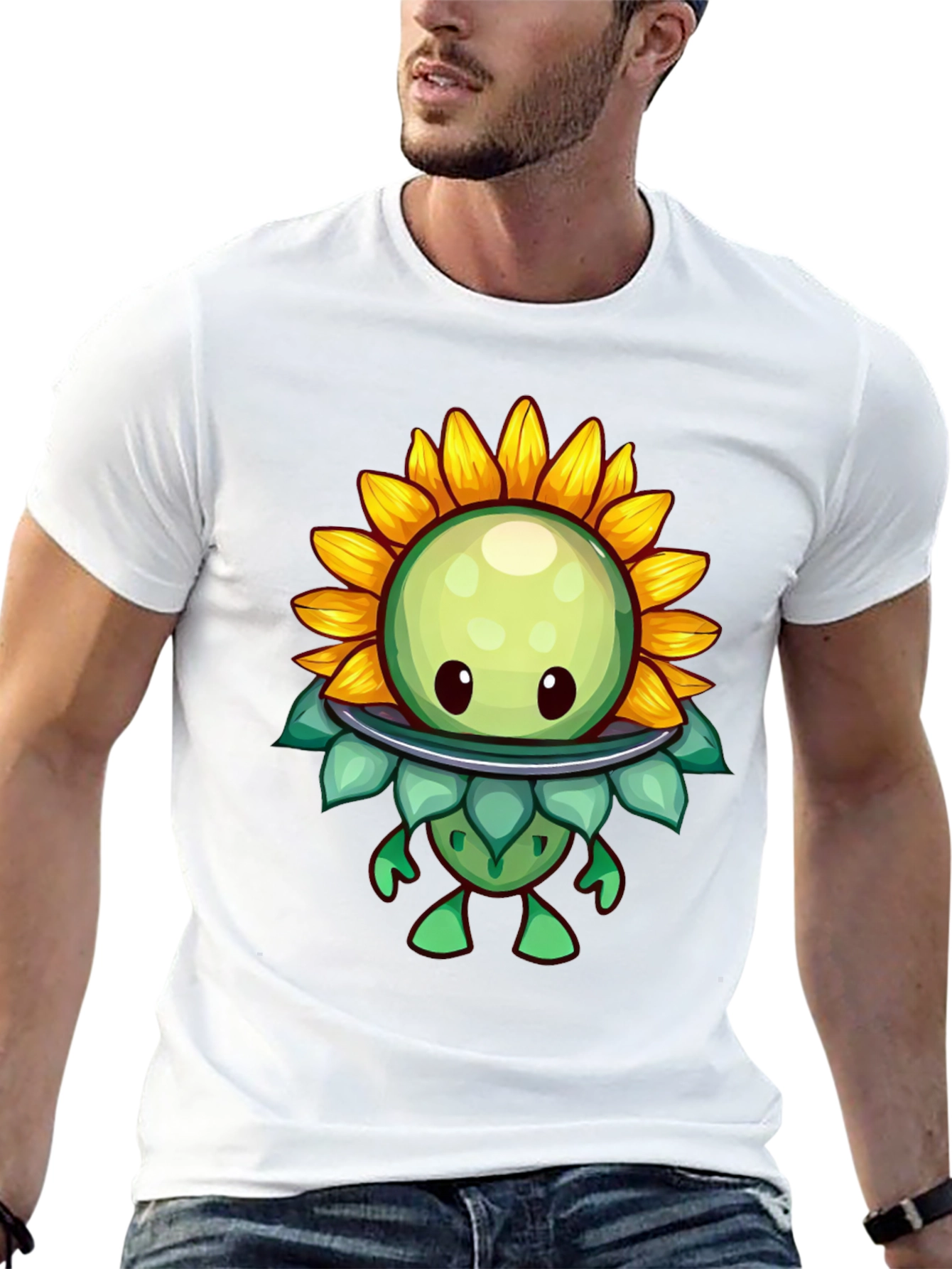 Sunflower Cartoon Graphic Tee - Black